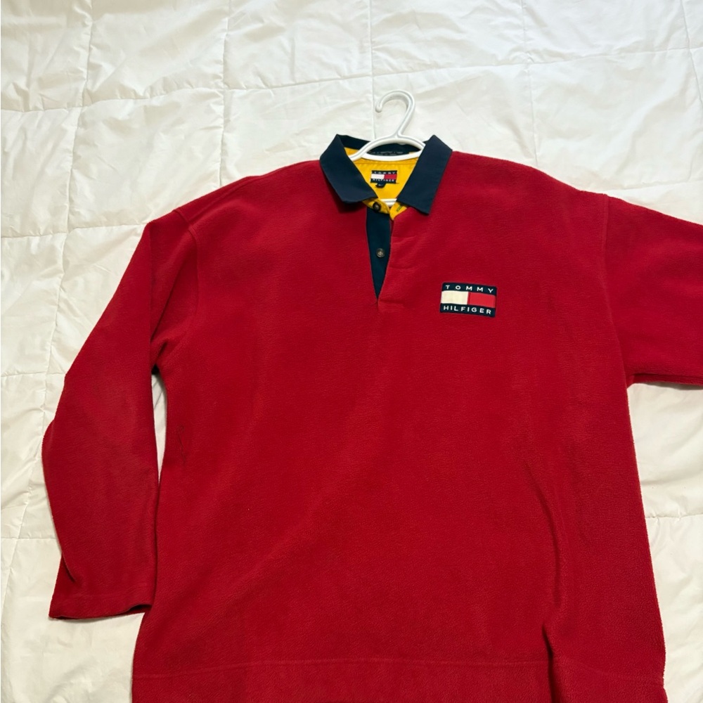 Tommy Hilfiger Red and Navy Long Sleeve Polo